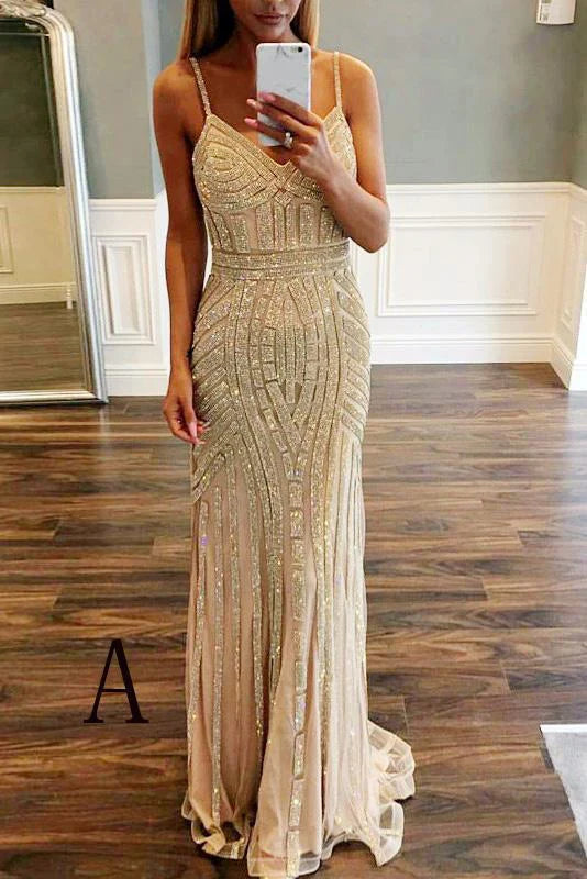Mermaid Spaghetti Straps V-Neck Sparkly Open Back Prom Dress Party Dress